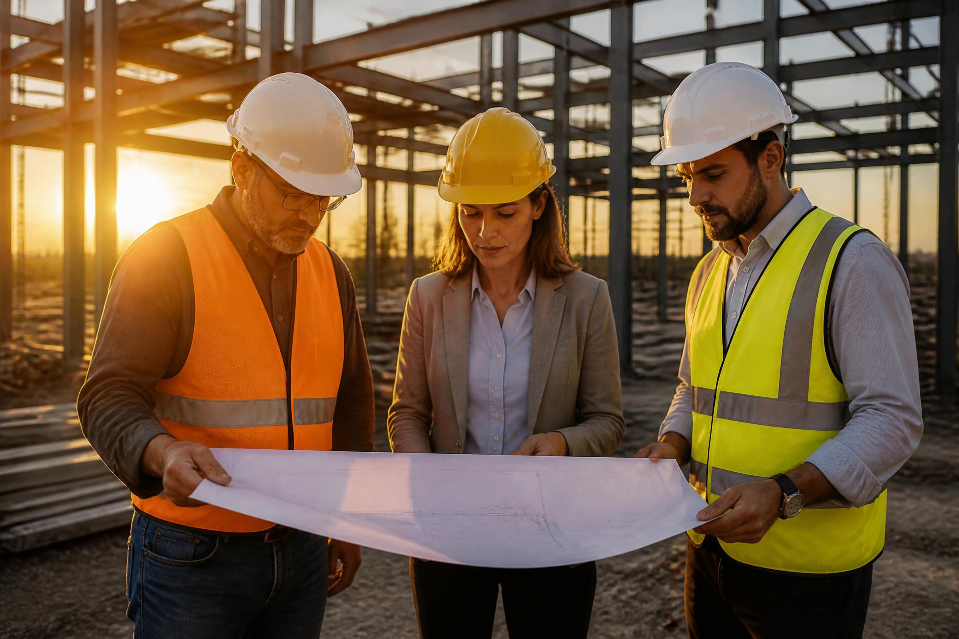 Engineers and an architect in safety helmets reviewing blueprints on a steel-framed construction site