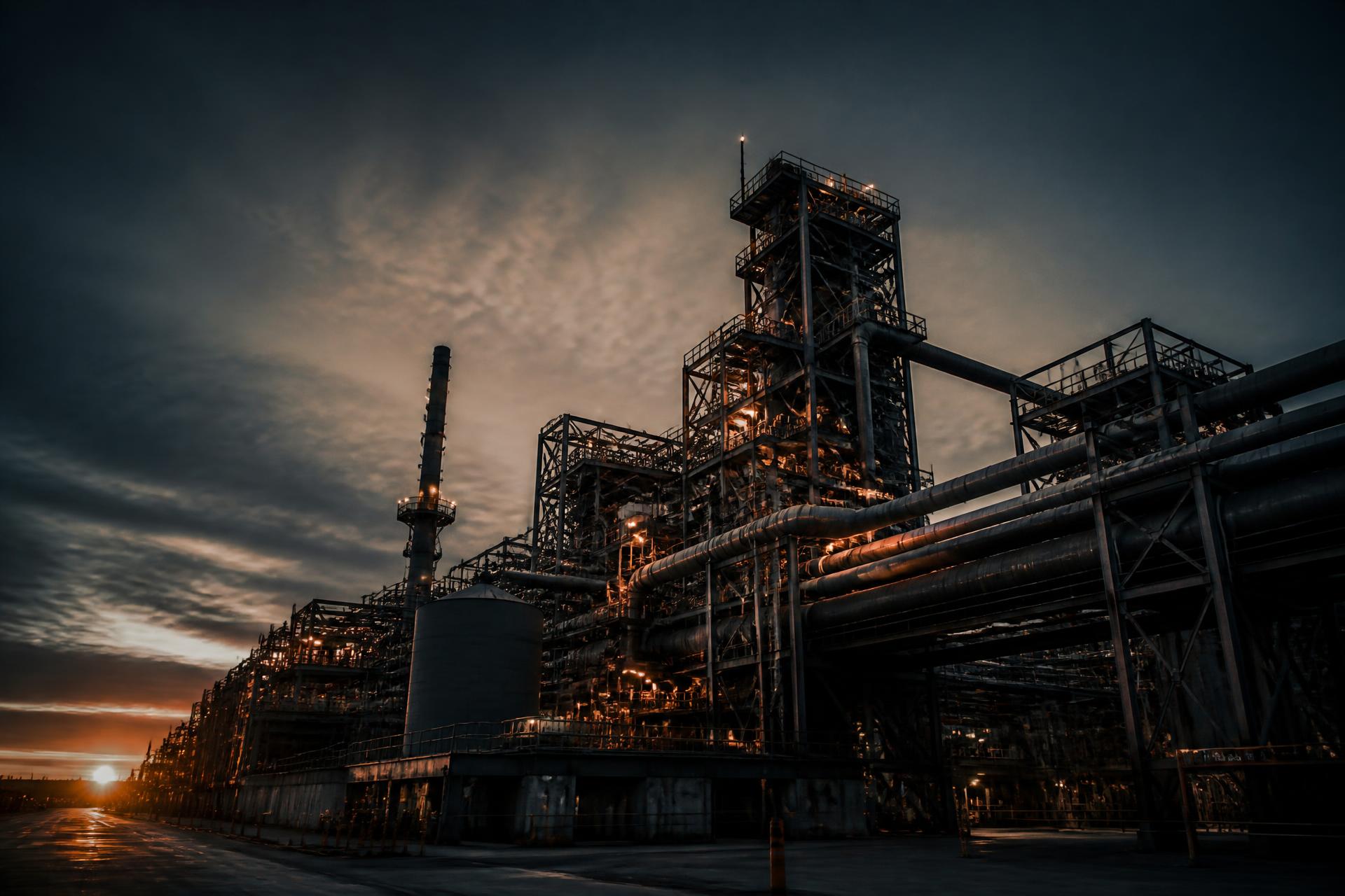 Large-scale industrial processing facility with steel structures and pipelines illuminated at dusk