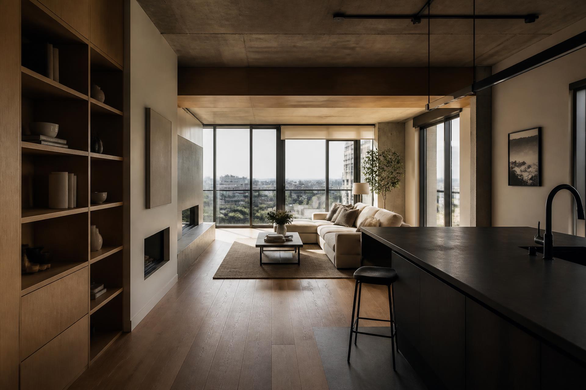 Refined renovated interior with exposed concrete ceilings, oak joinery and floor-to-ceiling glazing